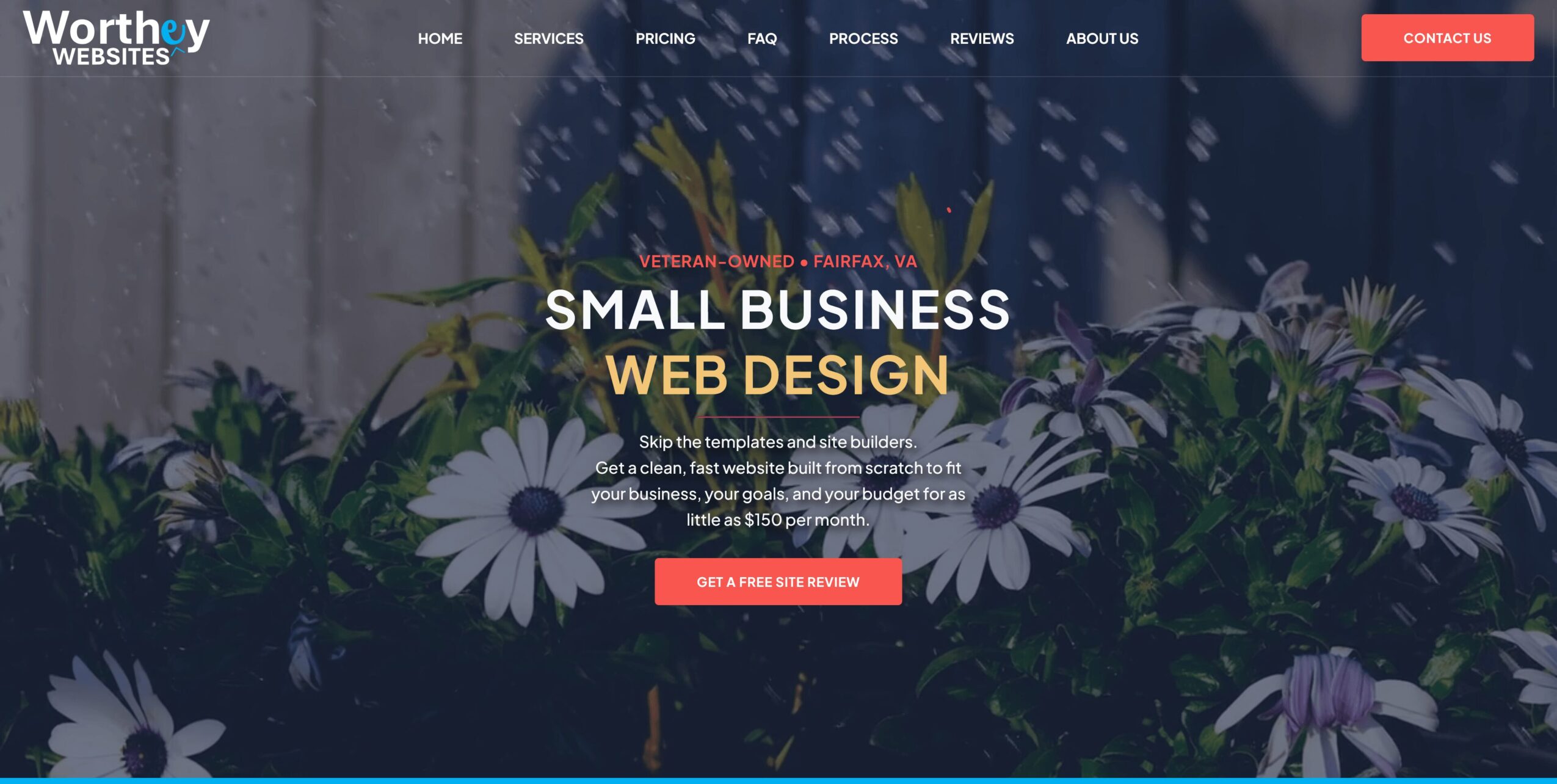 Website homepage with flowers and text about small business web design, navigation menu at top, and a red button.