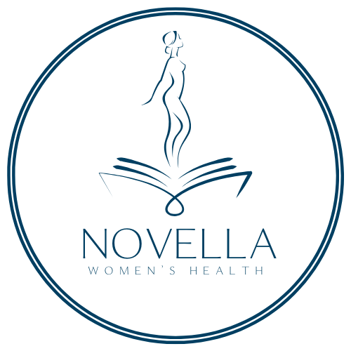 Logo with a stylized woman above an open book, text reads 'NOVELLA WOMEN'S HEALTH' inside a double circle.