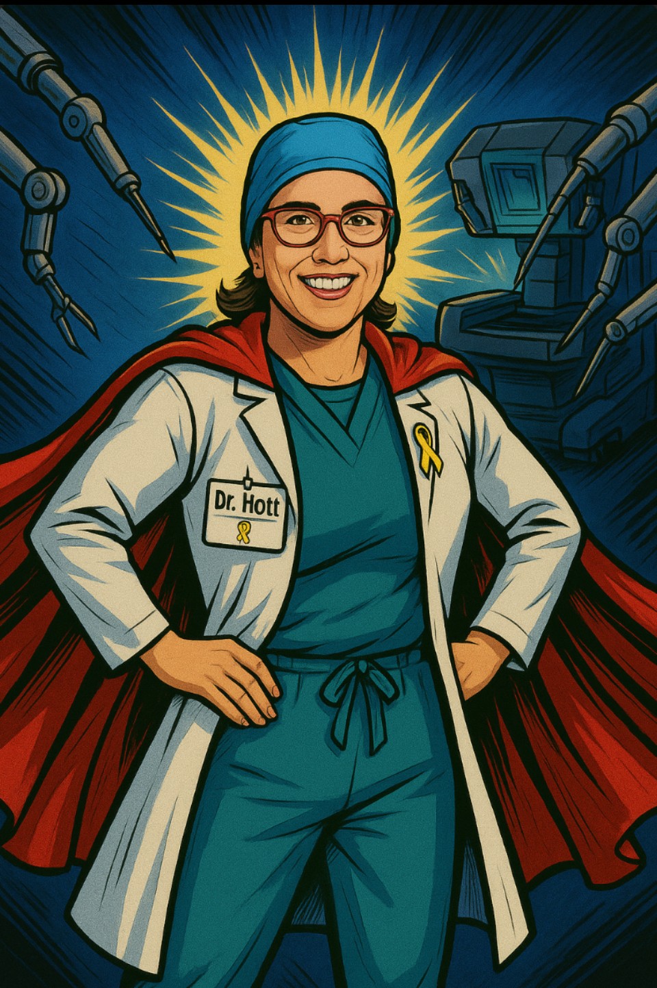 Female scientist in a lab coat with a name tag, wearing glasses and a head covering, smiling confidently.