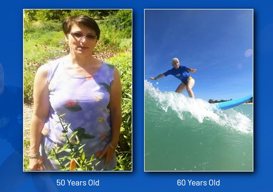 Woman standing outdoors in a floral top, sunglasses, with greenery behind her. Surfer riding a wave on a blue sky day.