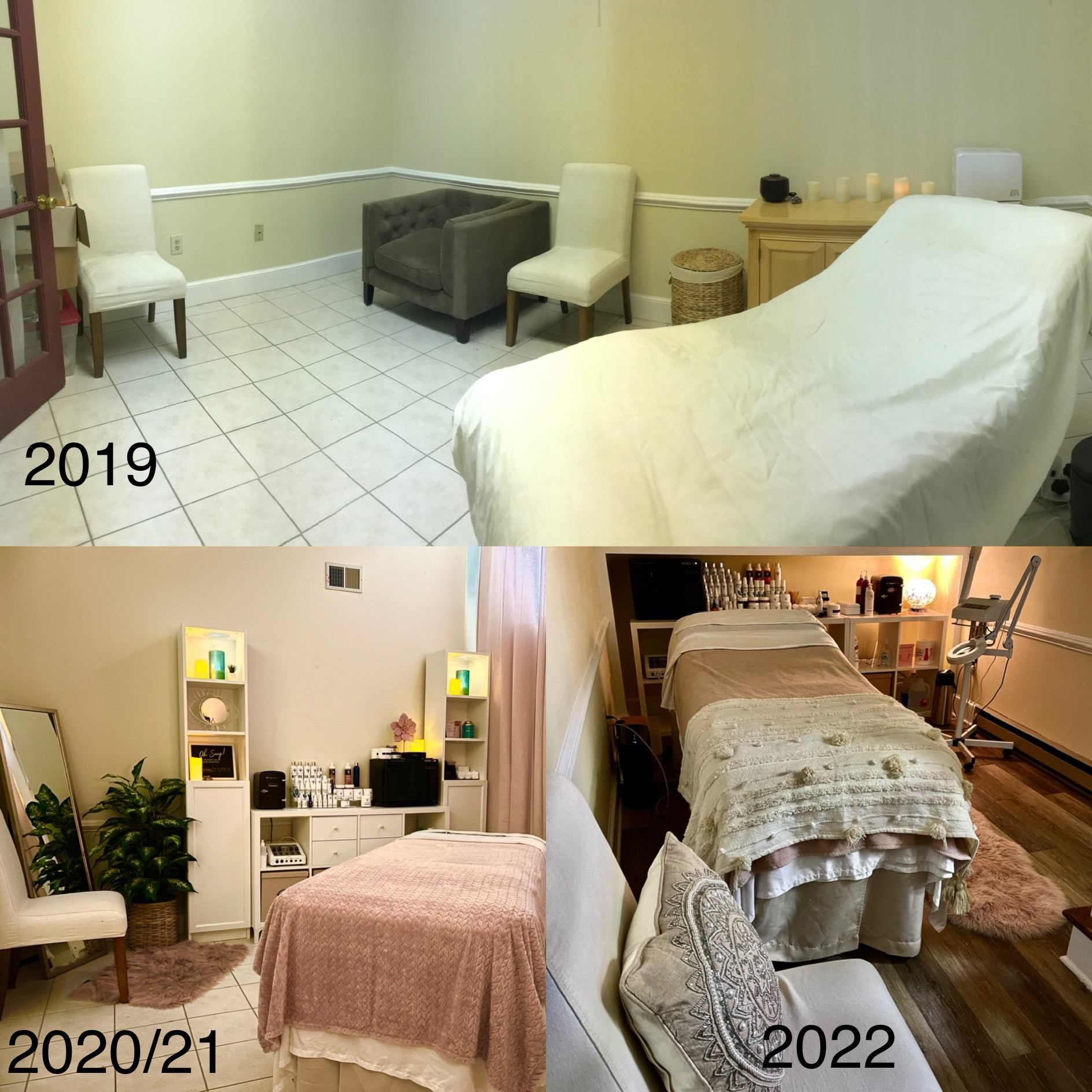 Three different room images showing beds, chairs, and furniture from various years, with a light-colored wall and tiled or wooden floors.