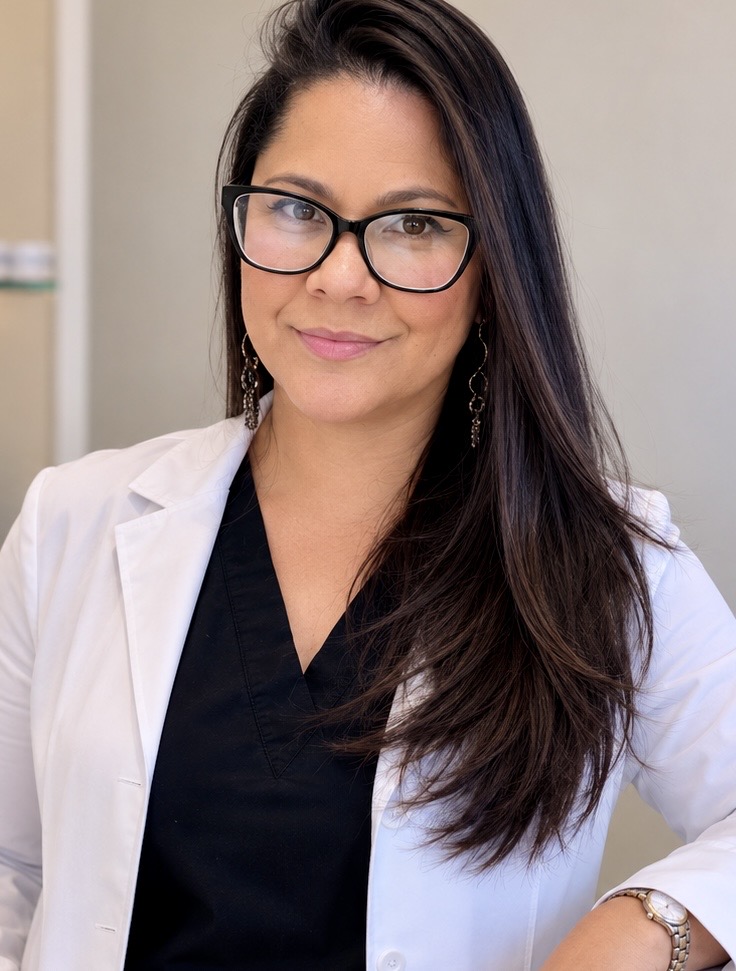 Woman with glasses and long dark hair wearing a white coat and black top, smiling indoors.