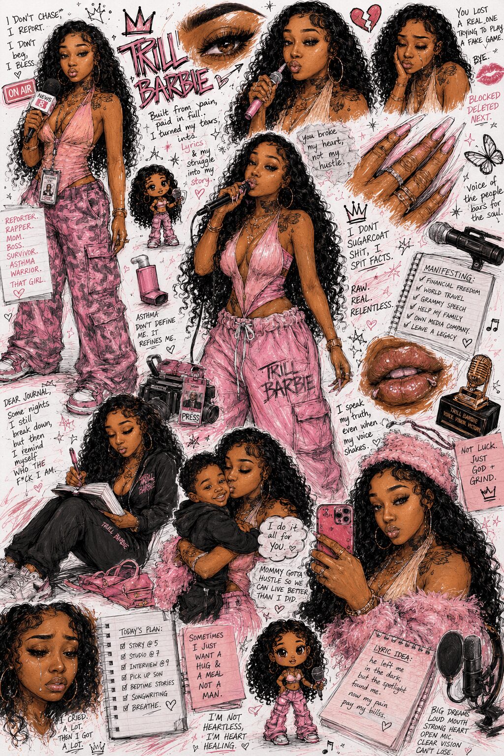 Collage of a young woman with curly hair in pink outfits, makeup, and accessories, with handwritten notes and drawings around her.