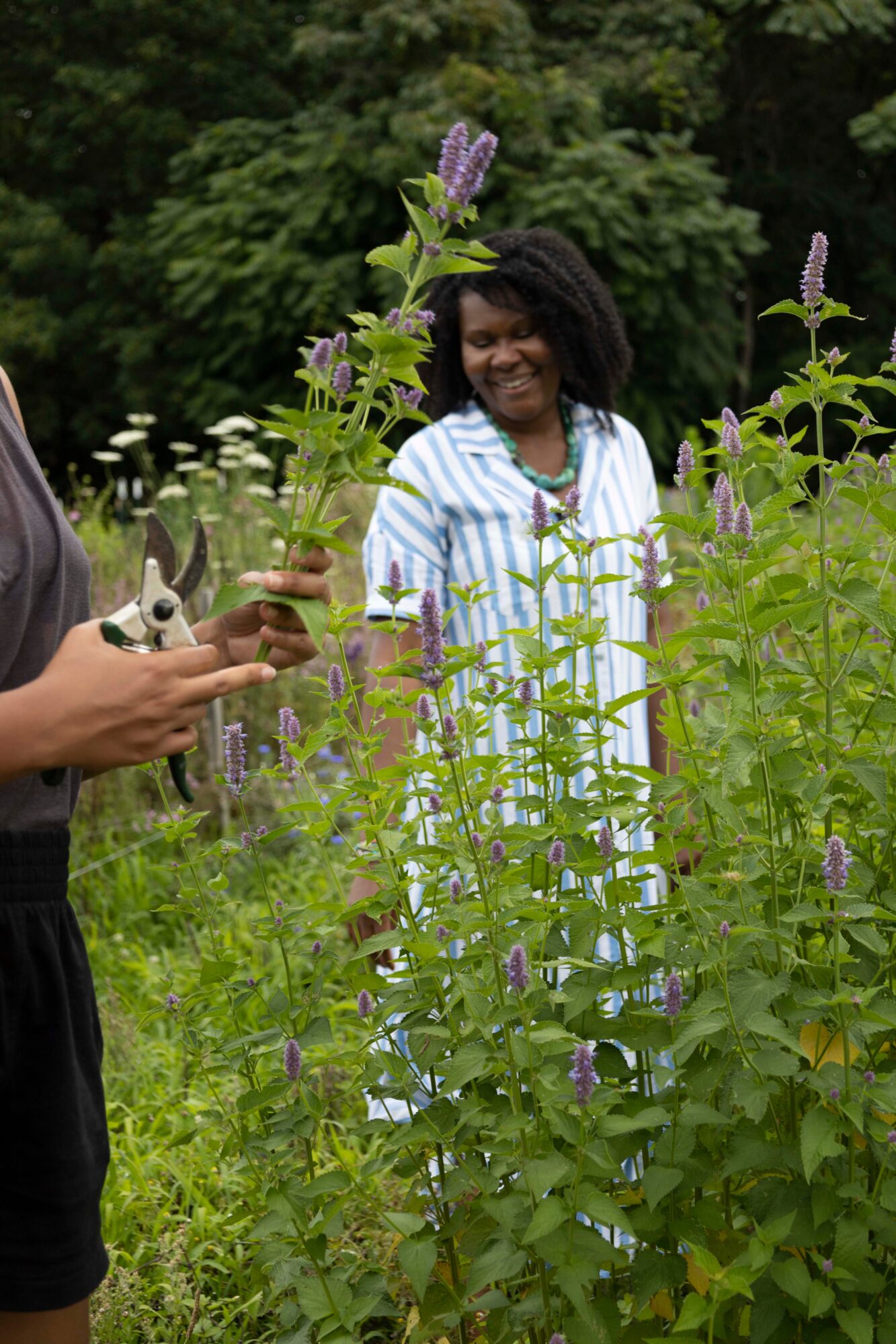 Smiling woman in striped shirt standing among tall purple flowers outdoors, with another person holding gardening tools nearby.
