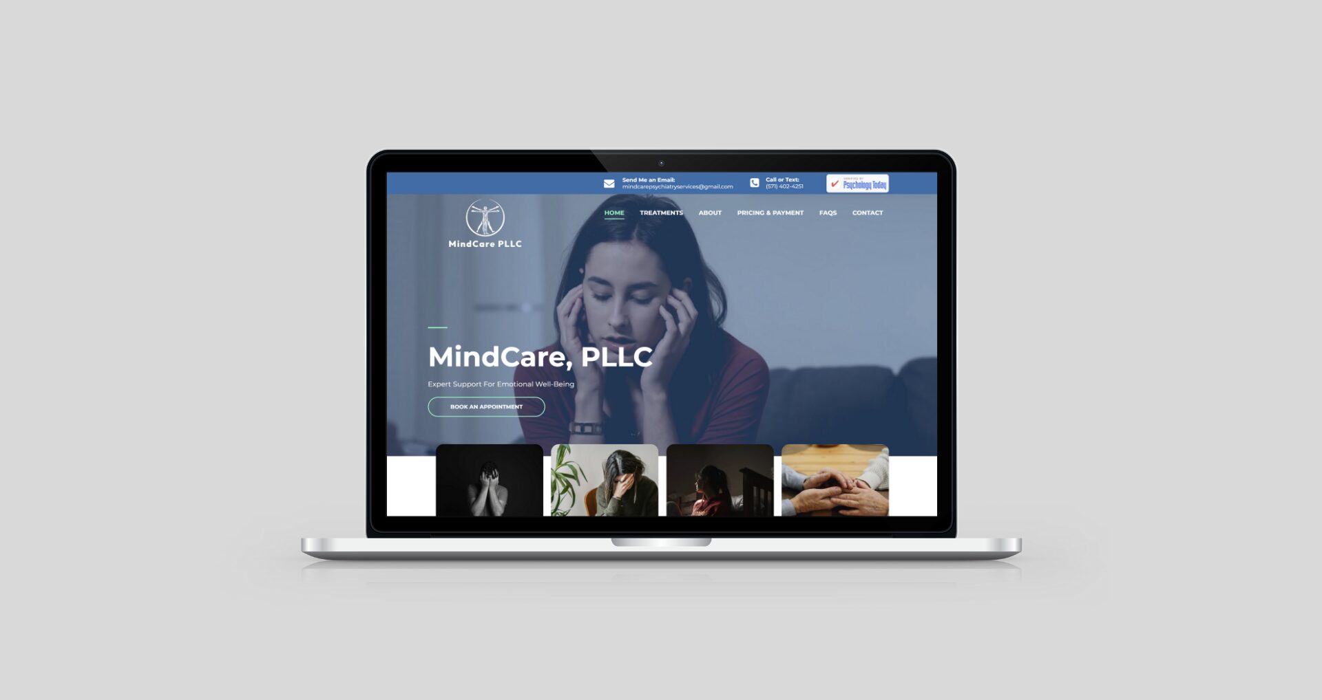 Laptop displaying a website with a woman holding her head, text reading 'MindCare, PLLC', and a navigation menu.