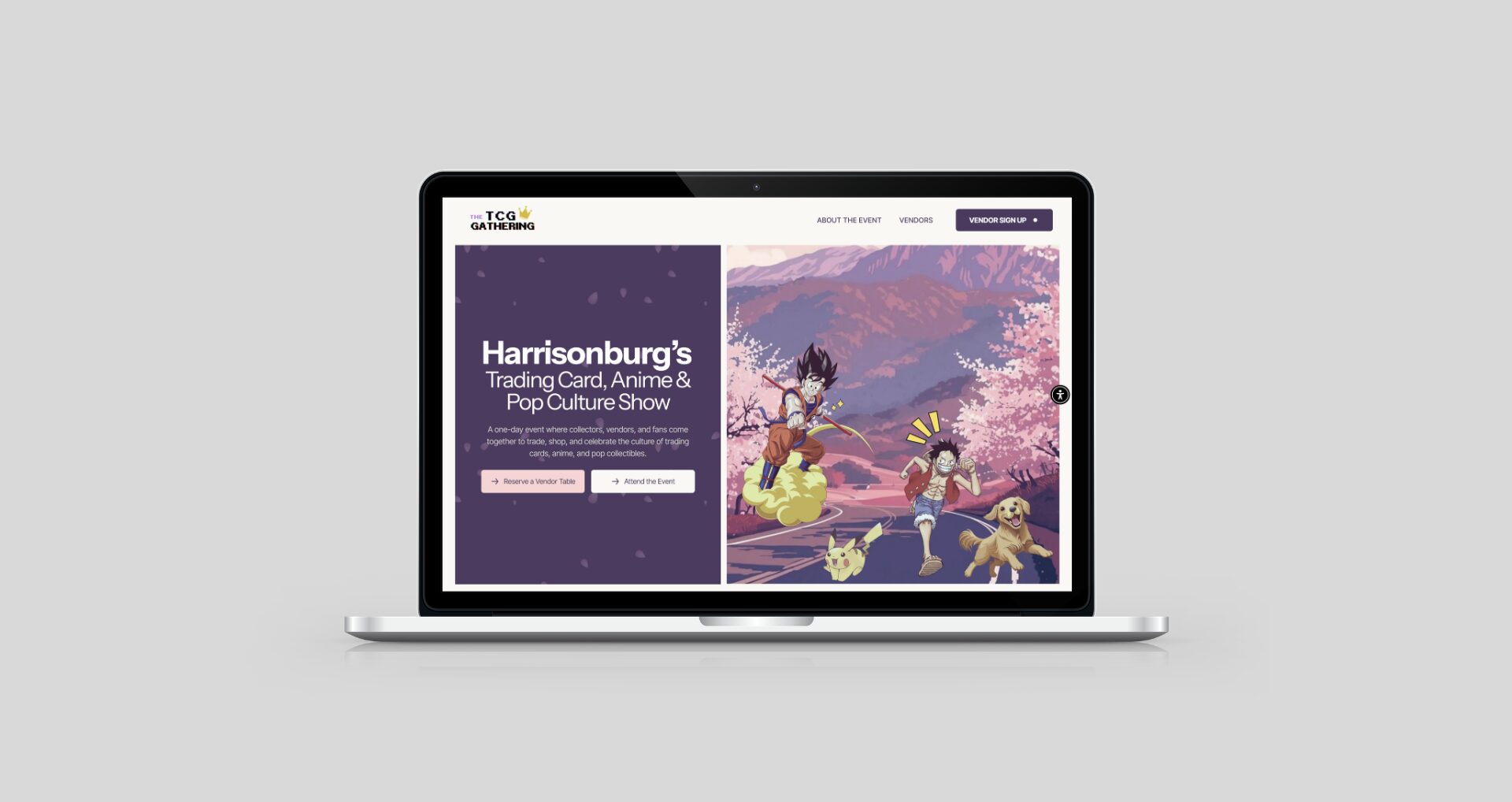 Laptop displaying a website with purple and pink artwork of trees and characters, on a gray background.