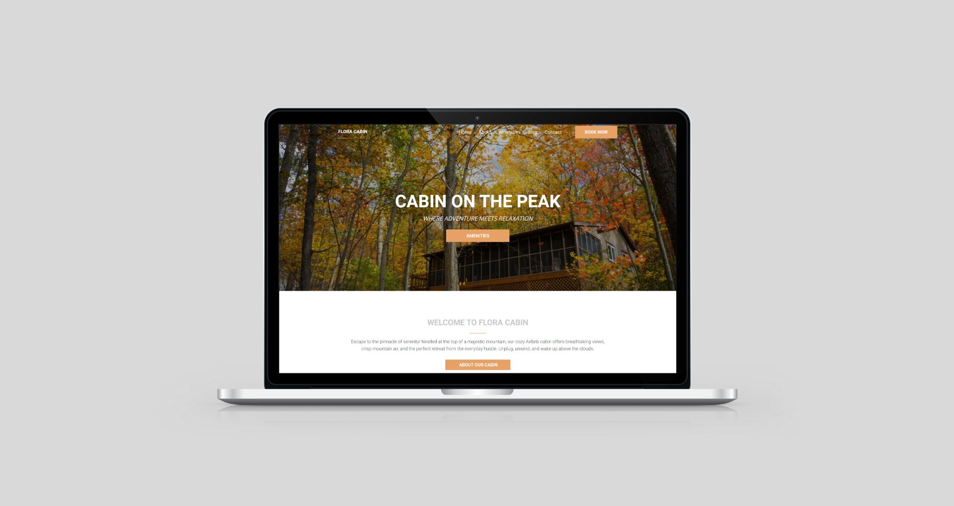 Laptop displaying a website with a cabin in a forest, titled 'Cabin on the Peak'.