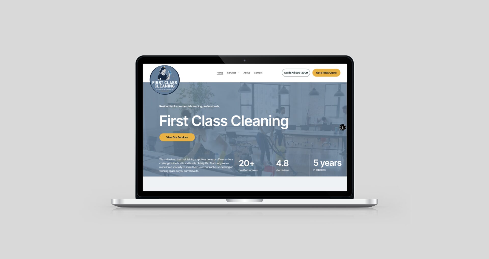 Laptop displaying a cleaning service website with a blue and white theme, text, and icons.