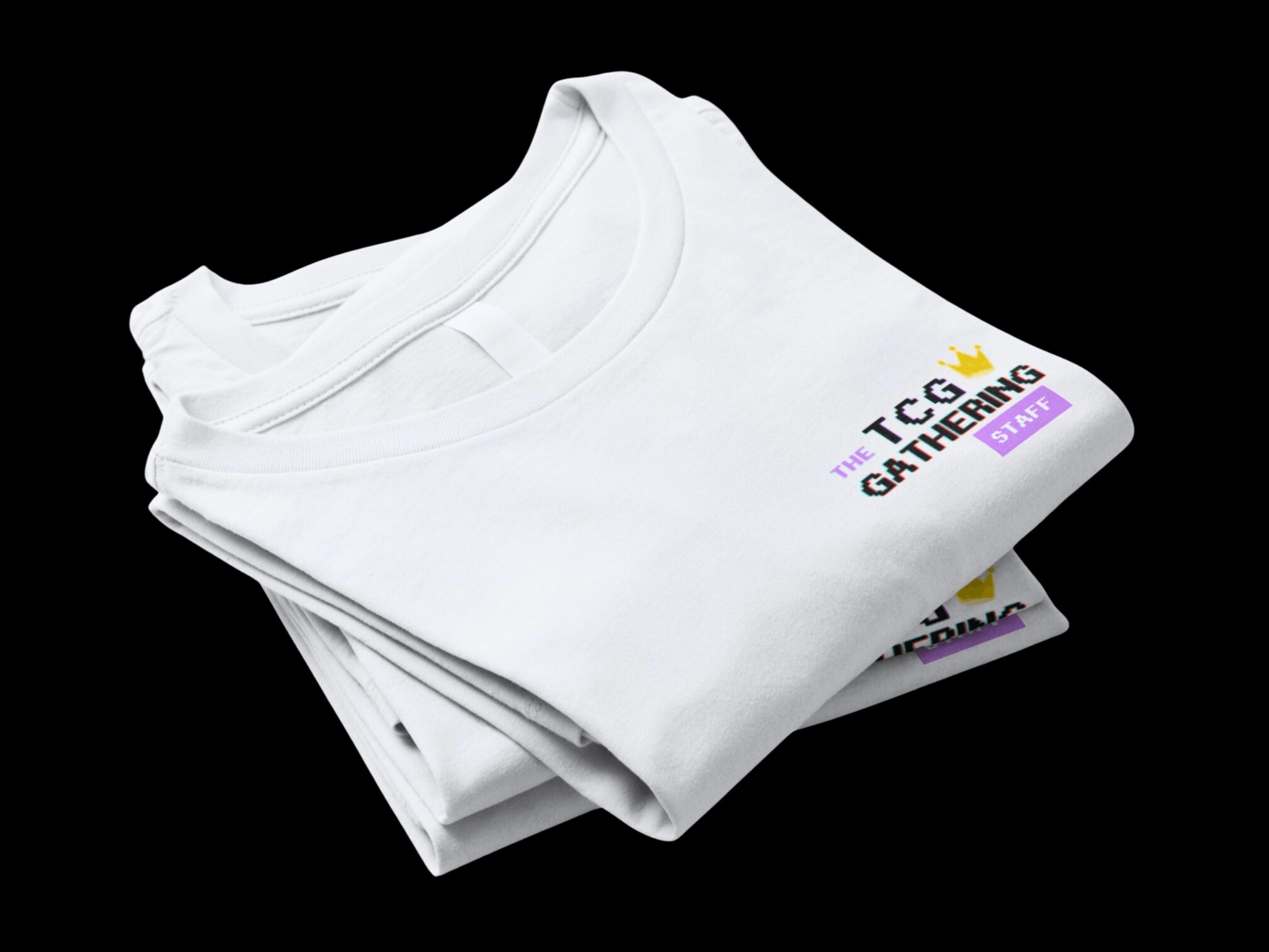 Stack of white T-shirts with colorful text on a black background.