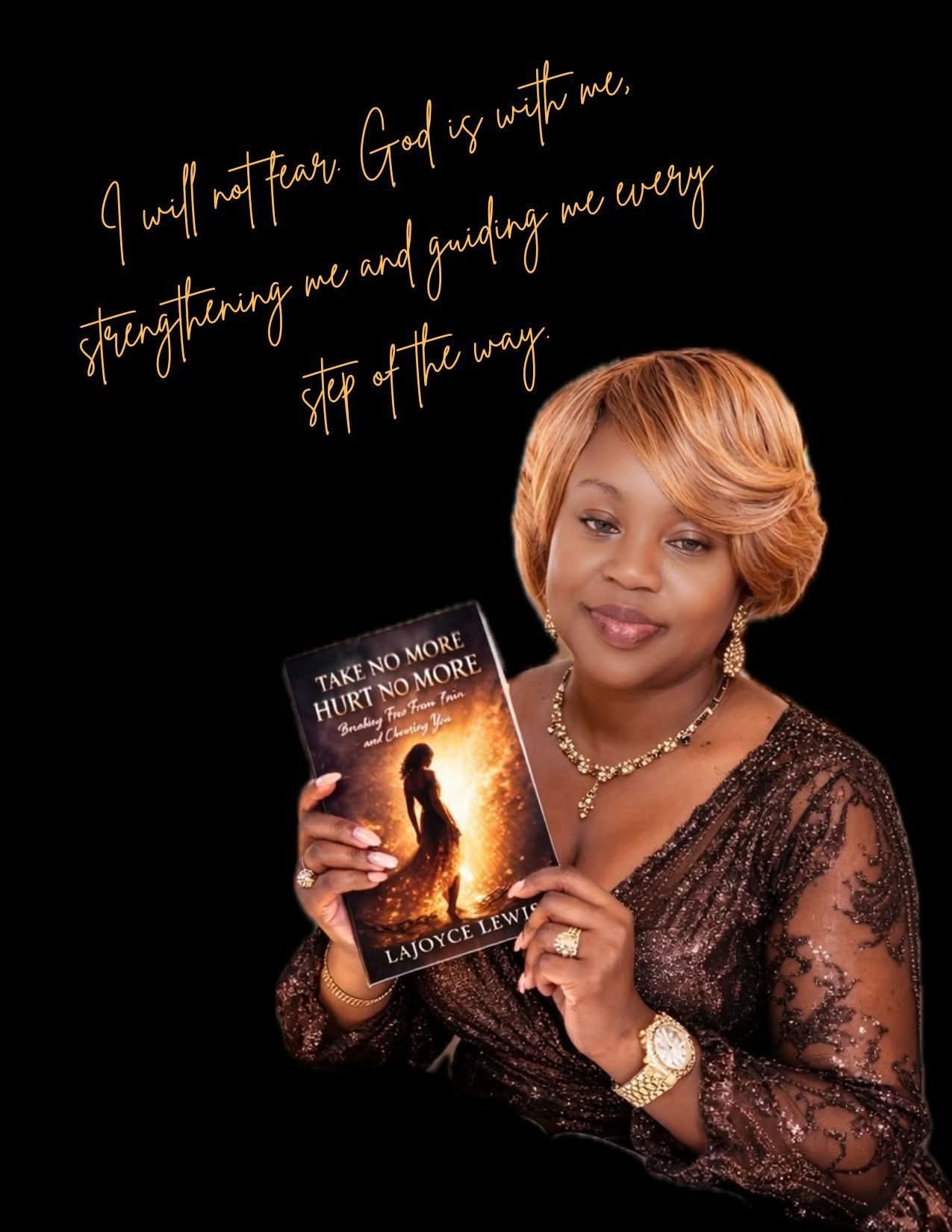 Woman with short hair holding a book, wearing a lace dress and jewelry, against a black background with handwritten quote.