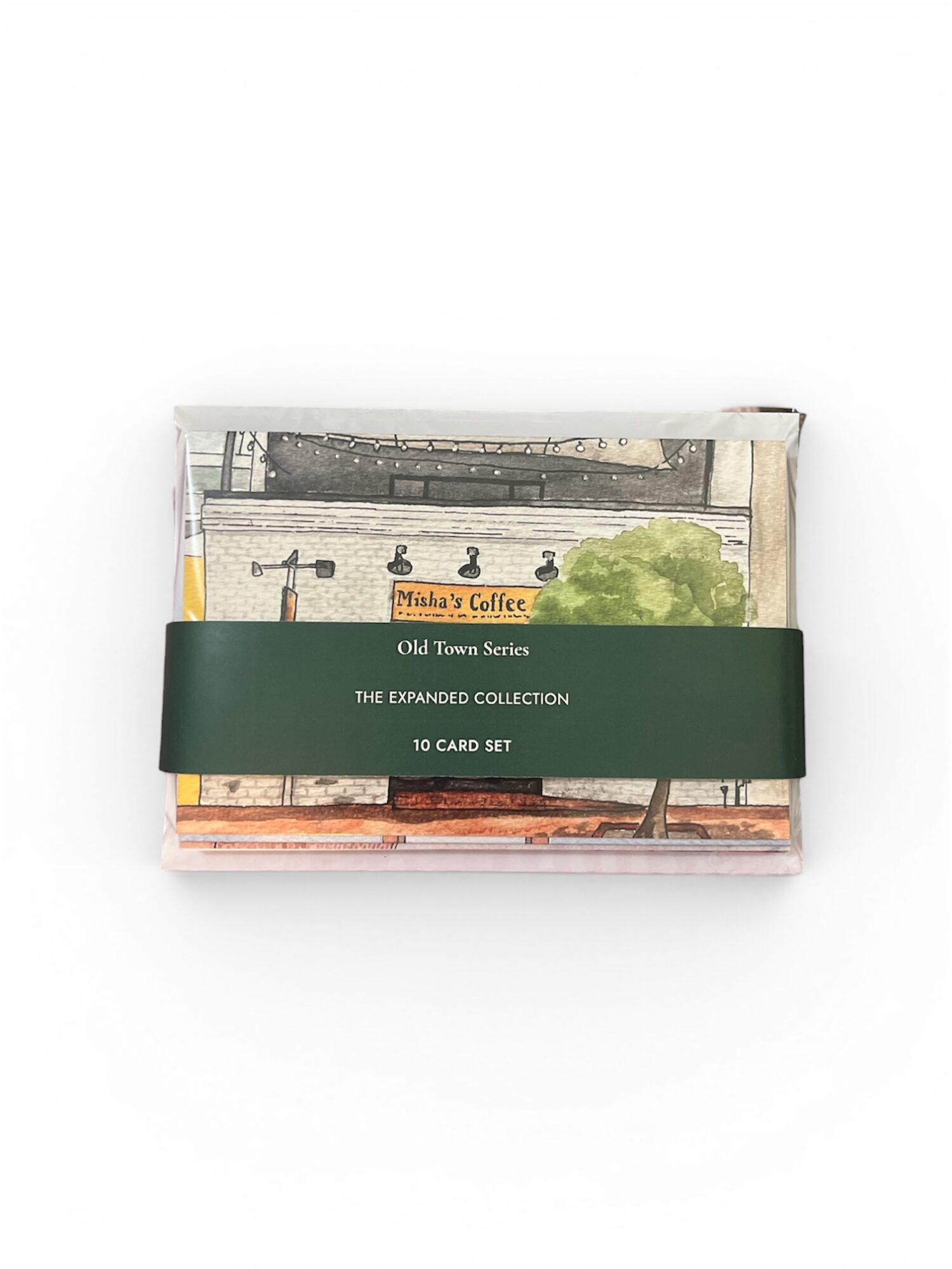 Small box with illustrated buildings and trees, green band with text, and a white background.