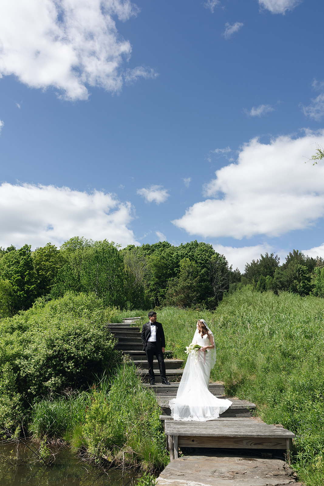 A bride and groom stand on steps outdoors with green trees and a blue sky with clouds in the background.