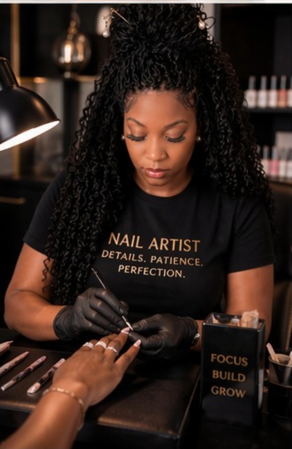 Woman with curly hair receiving nail treatment at a salon, wearing a black shirt with gold text, black gloves, and focused.