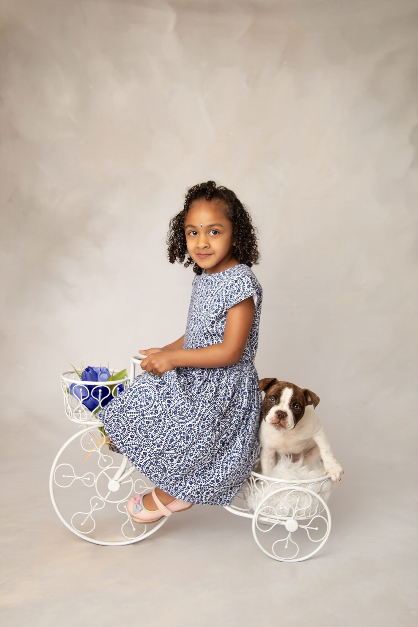 Young girl with curly hair in a patterned dress sitting on a decorative white tricycle with a small dog beside her, neutral background.