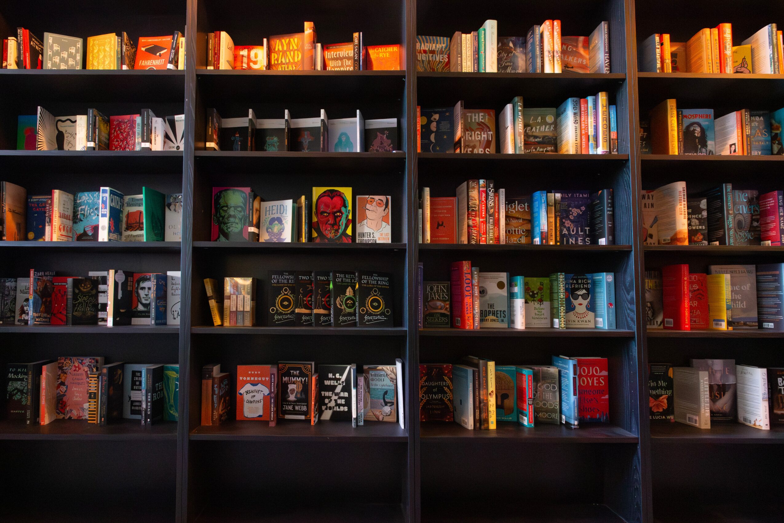Bookshelves filled with colorful books and framed pictures, arranged in multiple rows and columns.