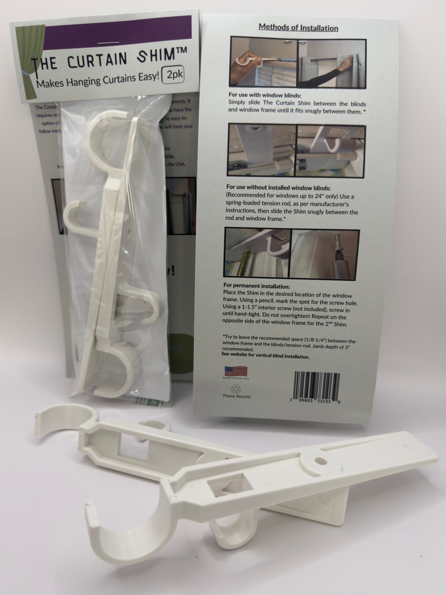 Disassembled white curtain hook and installation instructions with images, text, and barcode, on a white background.