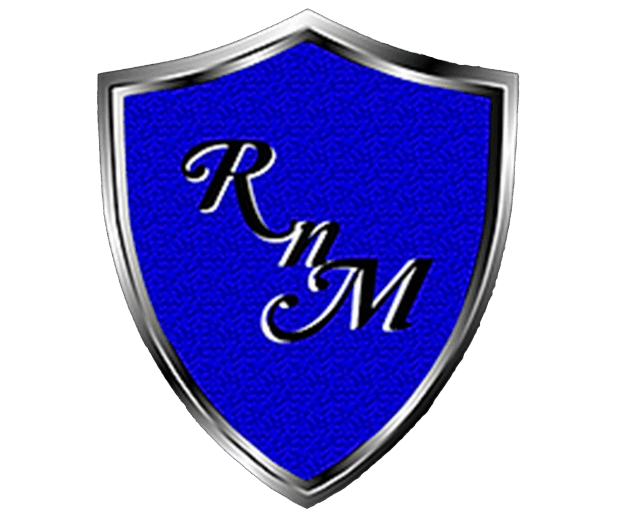 Blue shield with silver border and initials R, N, M in cursive, on a black background.