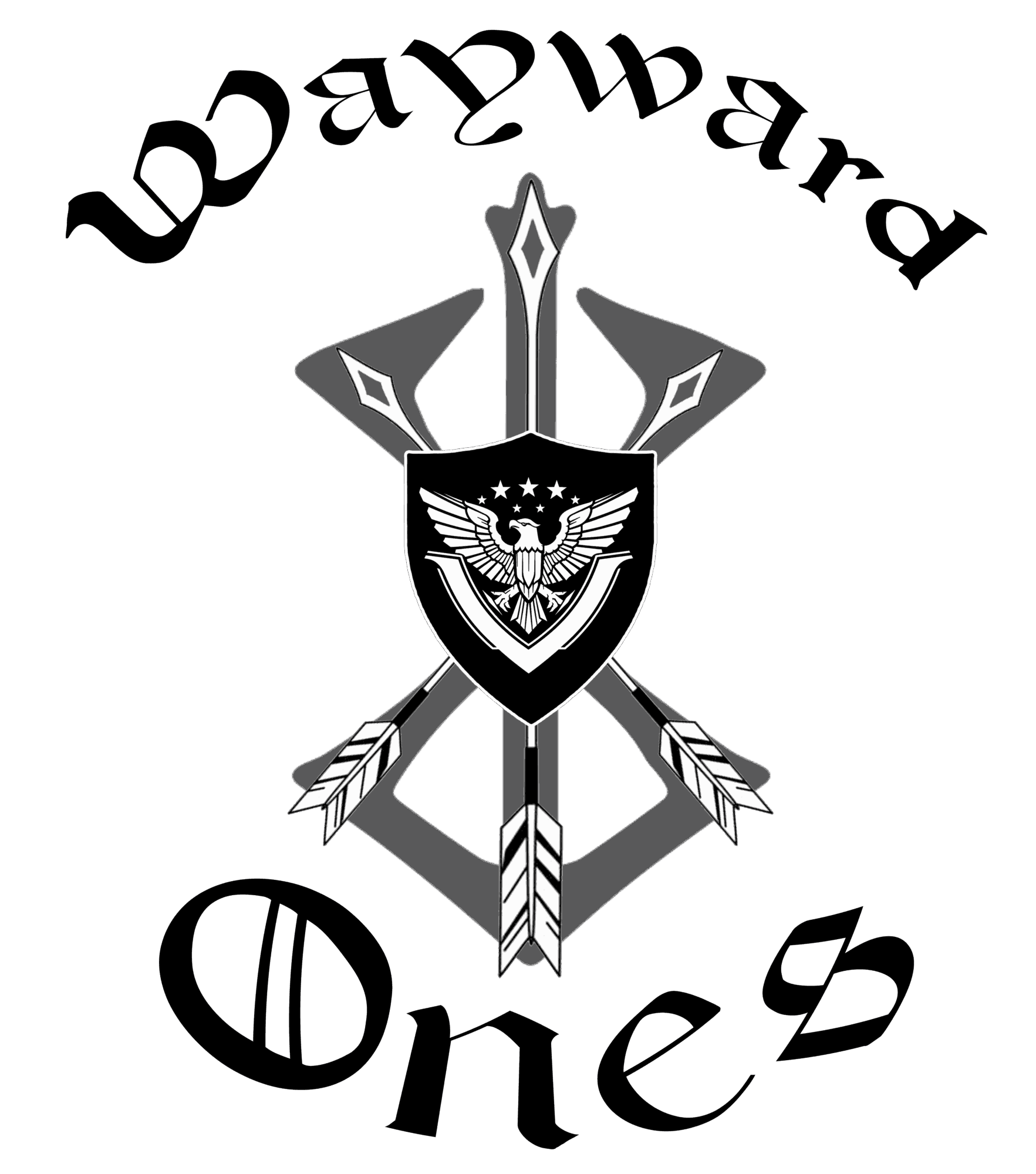 A black background with a white emblem featuring a shield, eagle, sword, shield, and arrows.