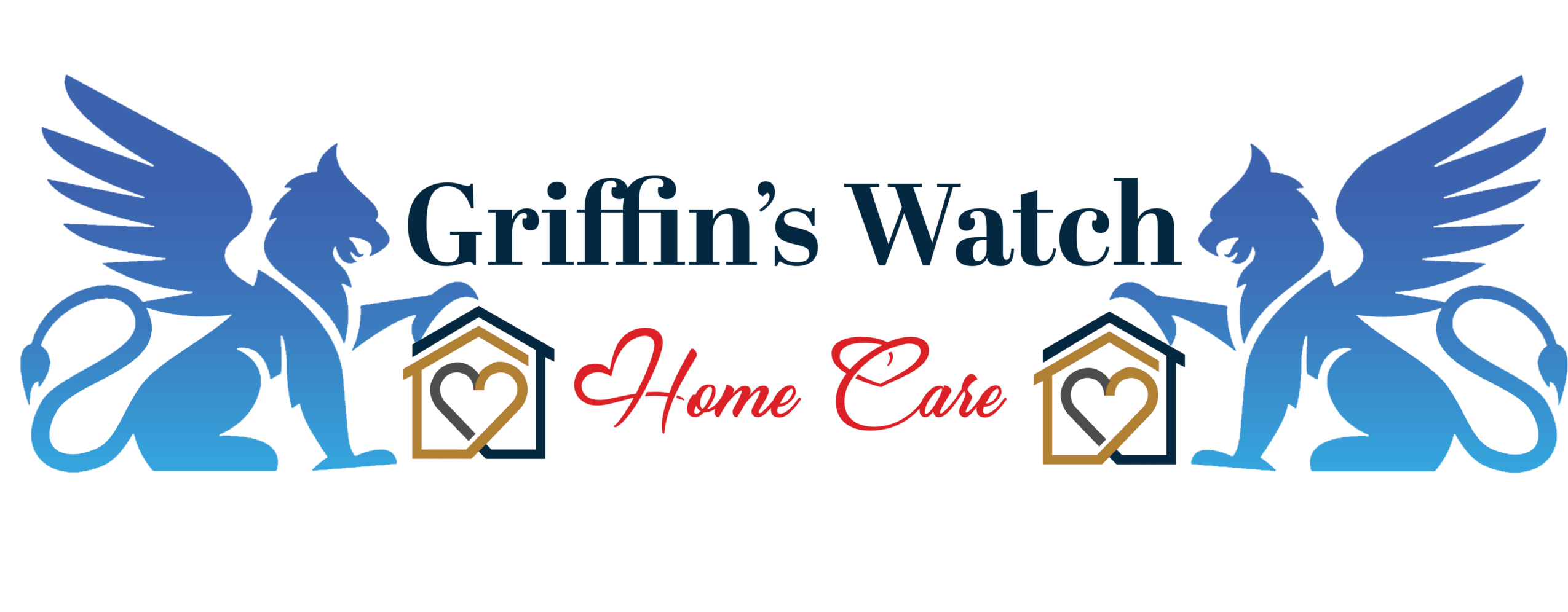 Logo with two blue griffins, text 'Griffin's Watch', and 'Home Care' in red, with house icons and hearts.