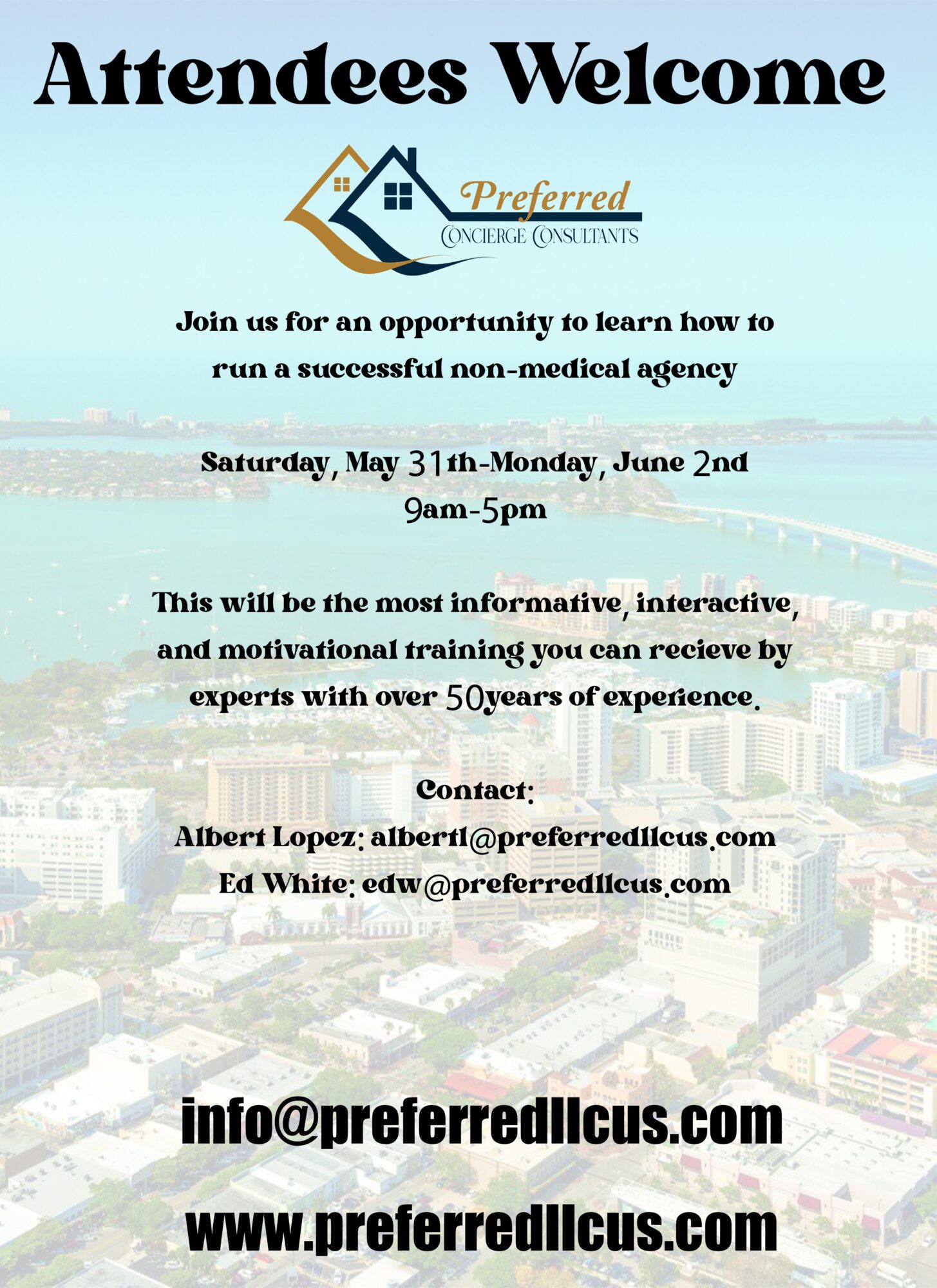 Event flyer with blue sky background, welcoming attendees, details of training from May 31 to June 2, 9am-5pm, contact emails, and website.