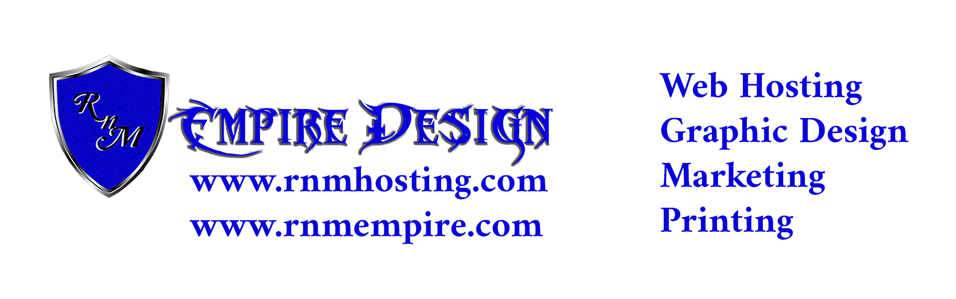 Empire Design logo with shield and text, website URL, and list of services including web hosting and marketing.