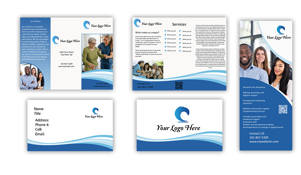Brochure and flyer designs with blue wave elements, images of people, and placeholder text and logo.