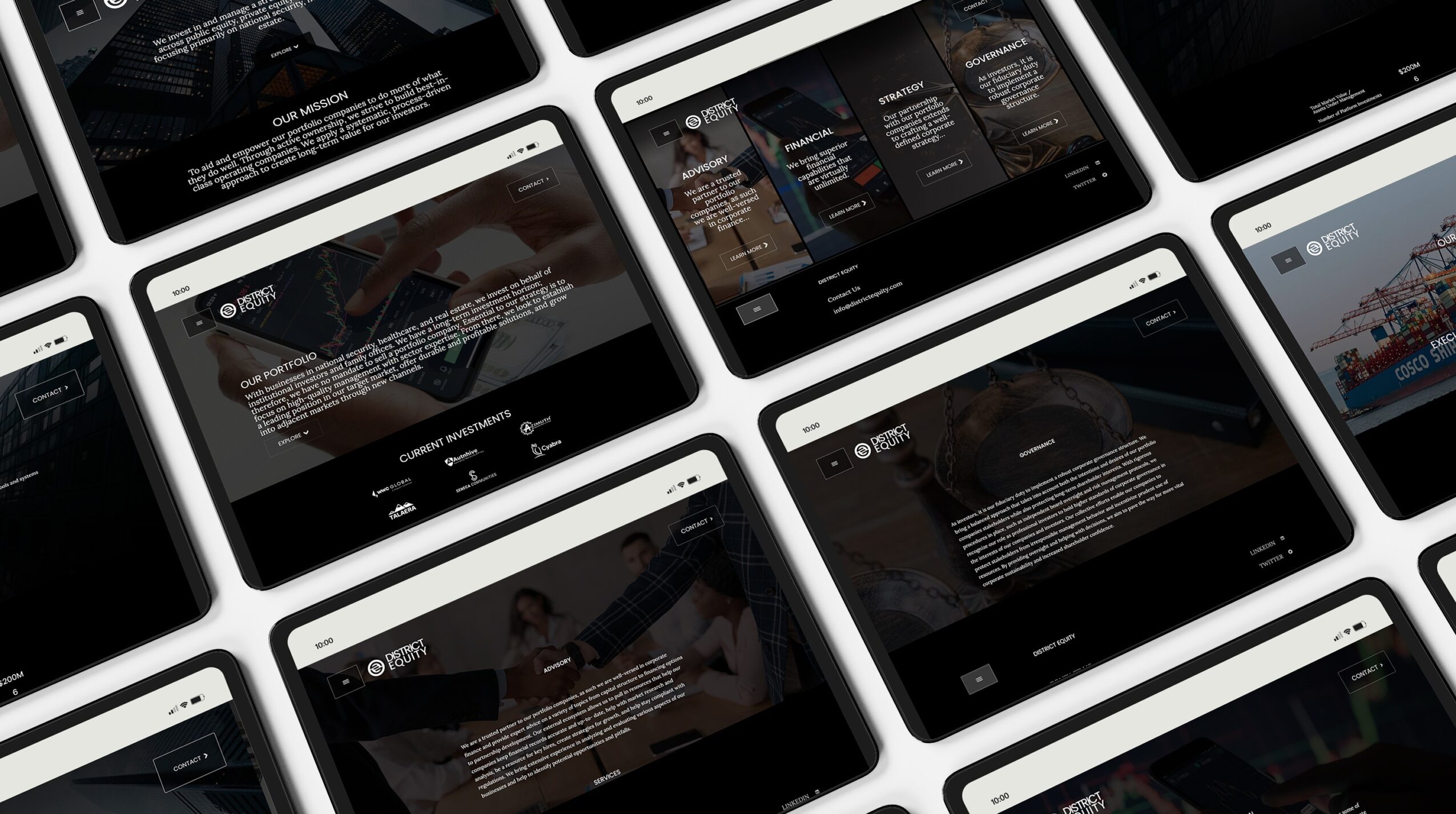 Multiple smartphones displaying dark-themed screens with text and graphics, arranged in a grid pattern.