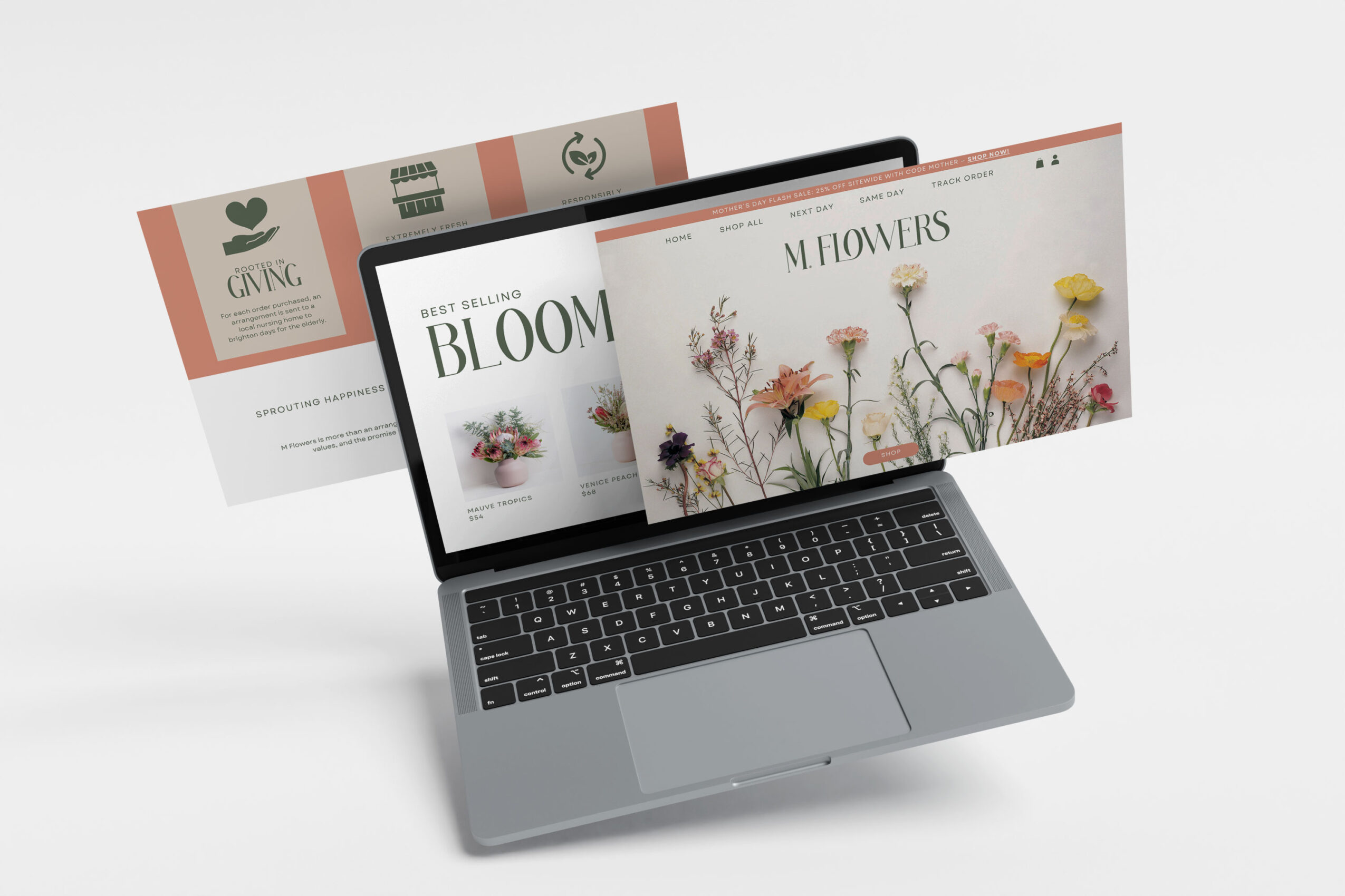 Open laptop displaying a website with floral images and text, with two printed brochures behind it on a white surface.