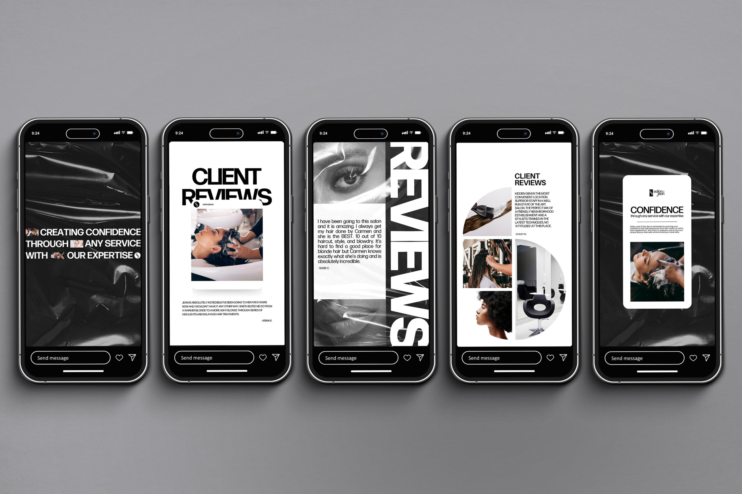 Five smartphones with screens displaying various review and confidence-related content, arranged in a row on a gray background.