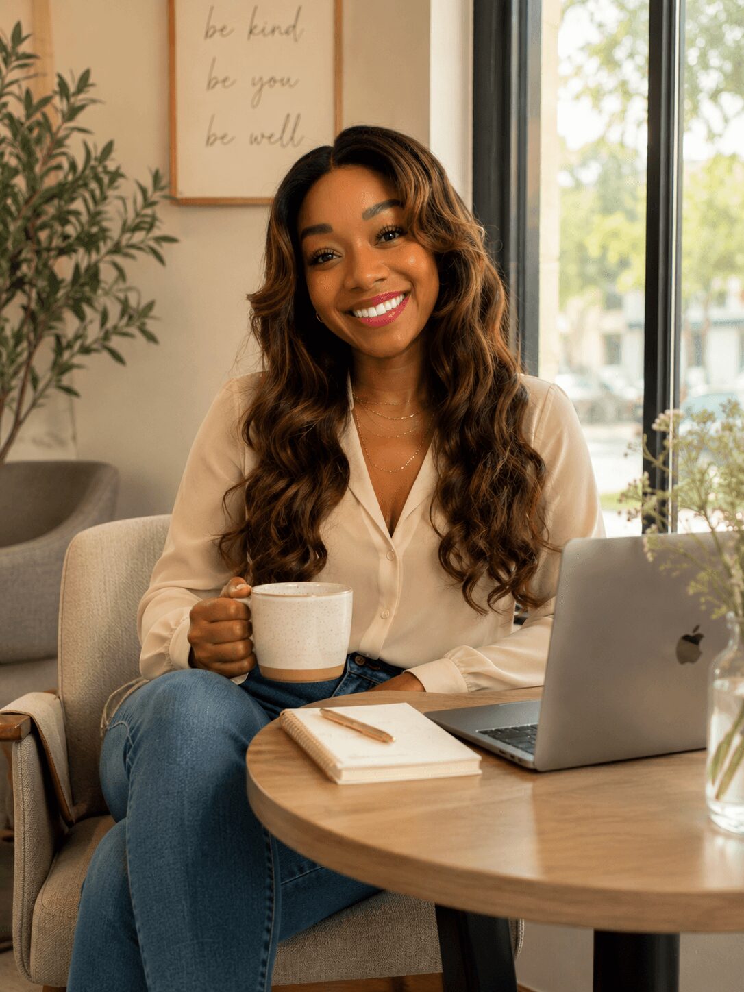 Smiling woman with long wavy hair holding a mug, sitting at a table with a laptop and notebook, in a cozy room.