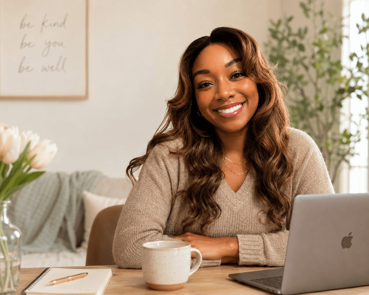 Smiling woman with long wavy hair sitting at a table with a laptop and coffee mug, in a cozy room.
