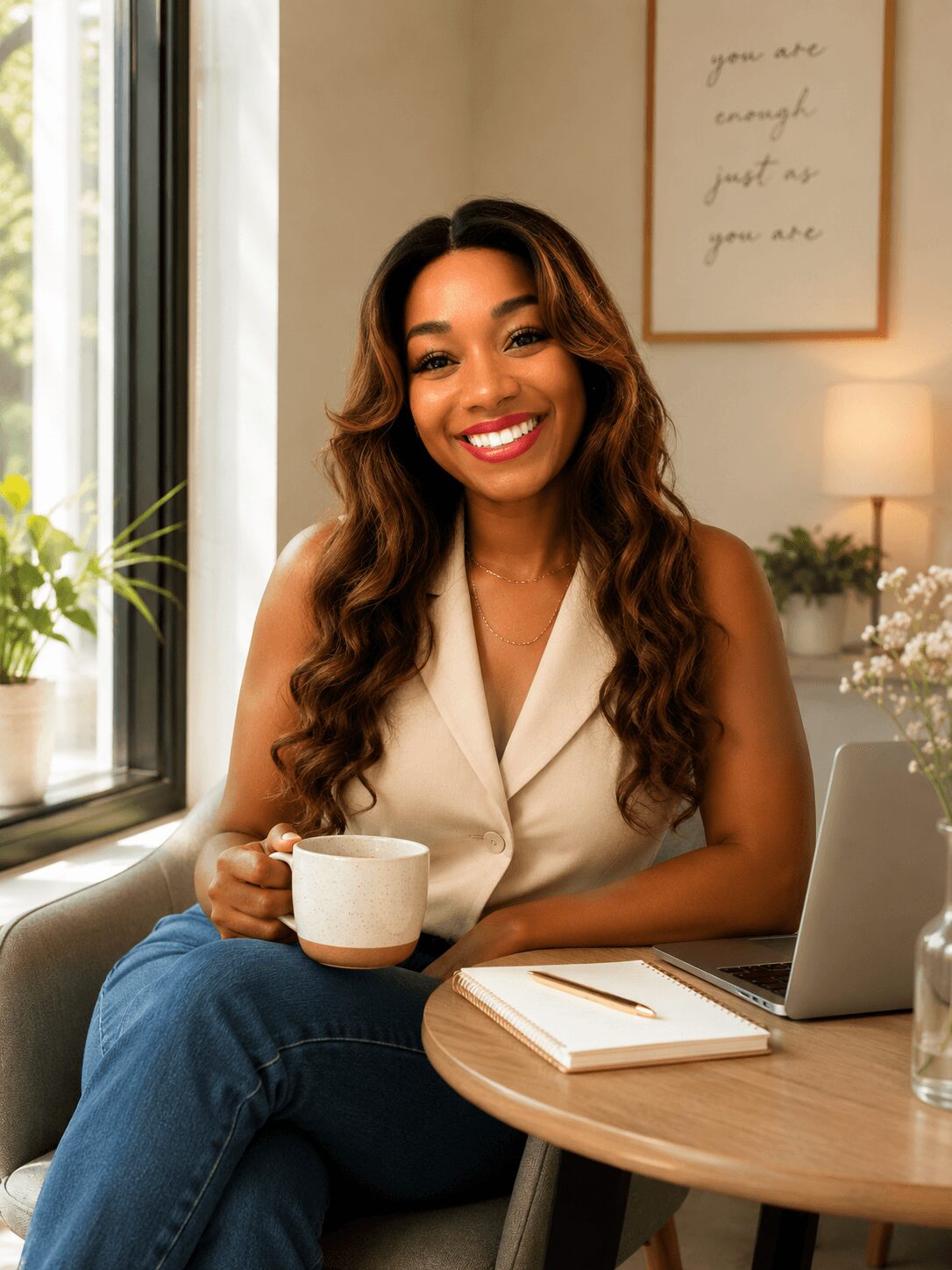 Smiling woman with long wavy hair holding a mug, sitting at a table with a laptop and notebook, near a window.
