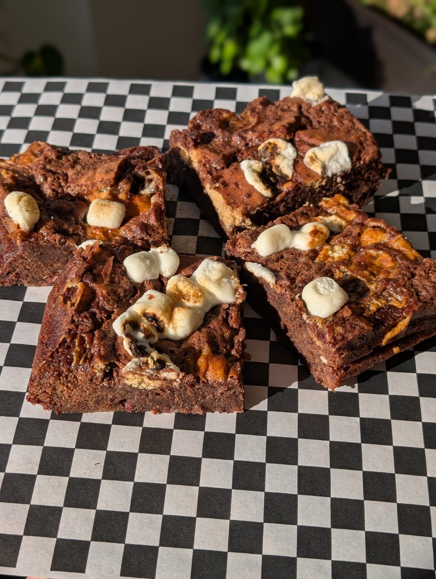 Four chocolate brownies with white marshmallows on checkered paper, outdoors with blurred greenery in background.