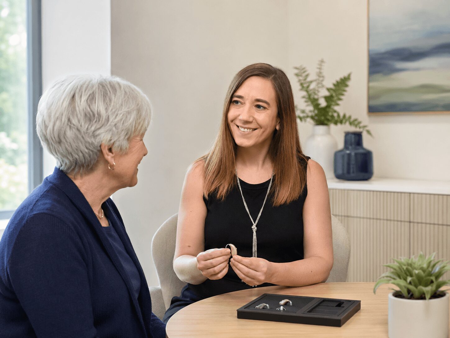 Two women sitting at a table, smiling and talking indoors with a plant and artwork in the background.