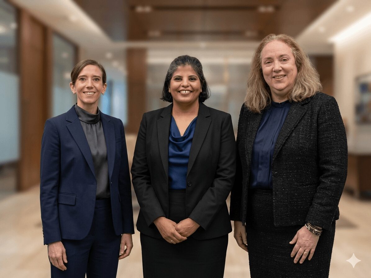 Three women in professional attire standing in a modern indoor setting, smiling at the camera.