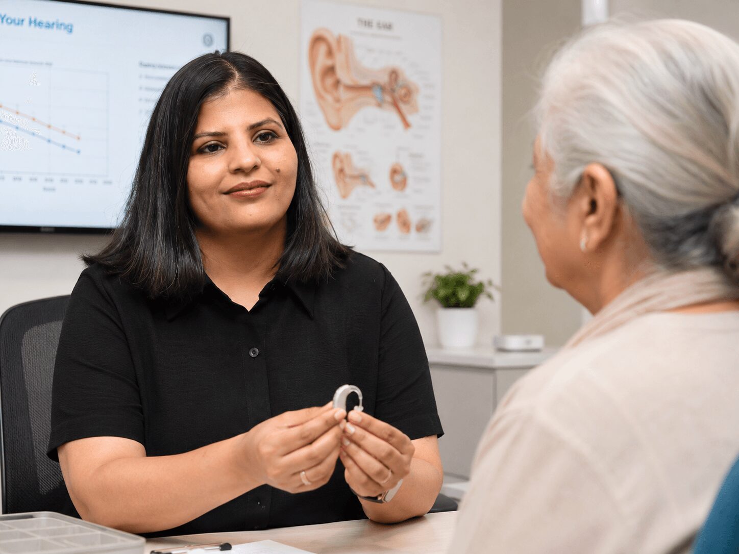 A woman with dark hair in a black shirt holds a hearing aid and talks to an older woman with gray hair in a beige top in a medical office.