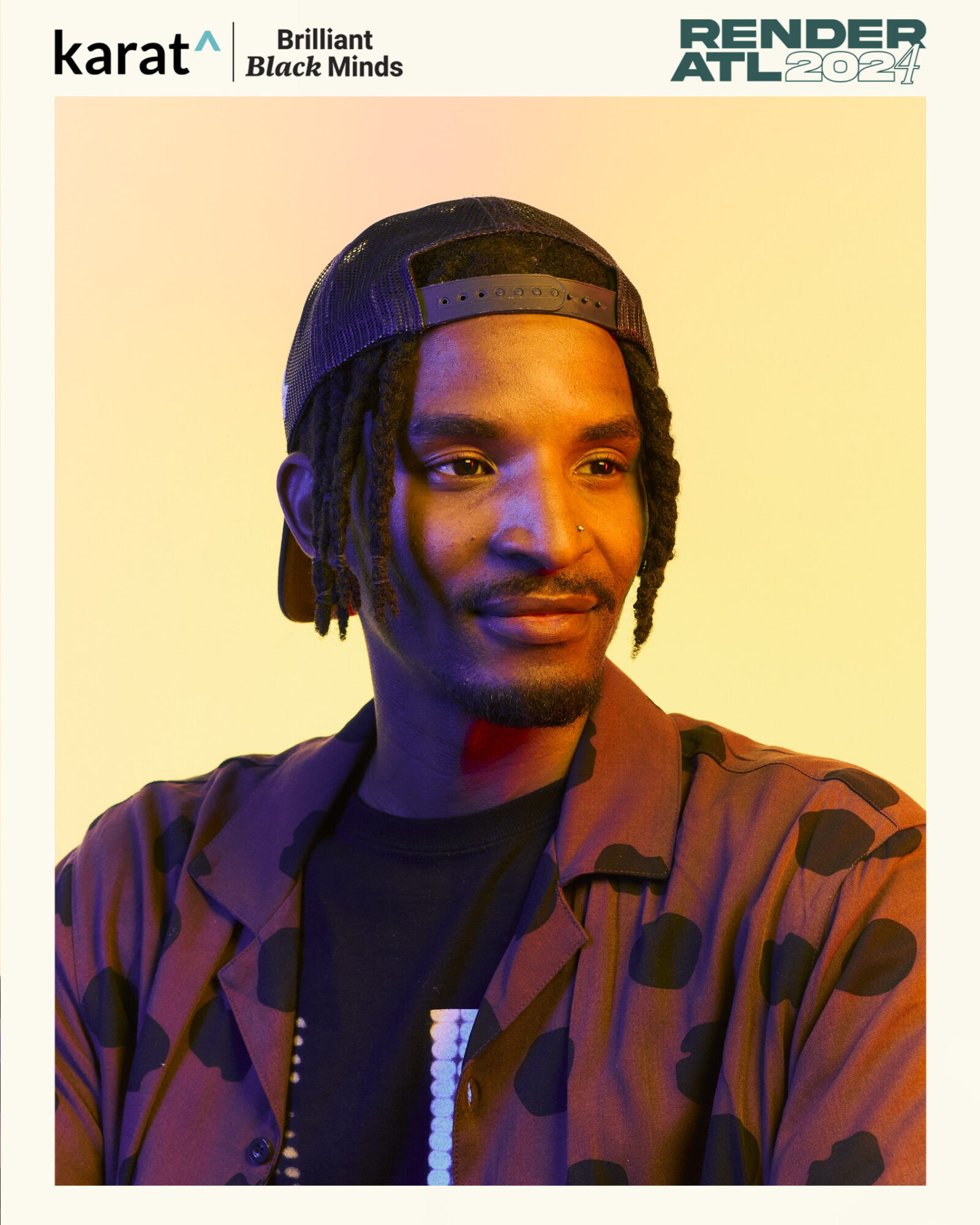 Portrait of a young man wearing a cap backwards, with dreadlocks, in a camouflage jacket, smiling slightly, colorful background.