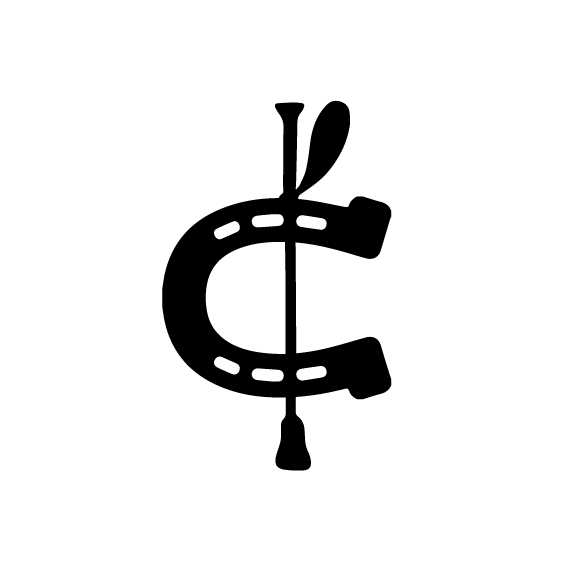 A black and white stylized horse head with a horseshoe integrated into the design, facing right.