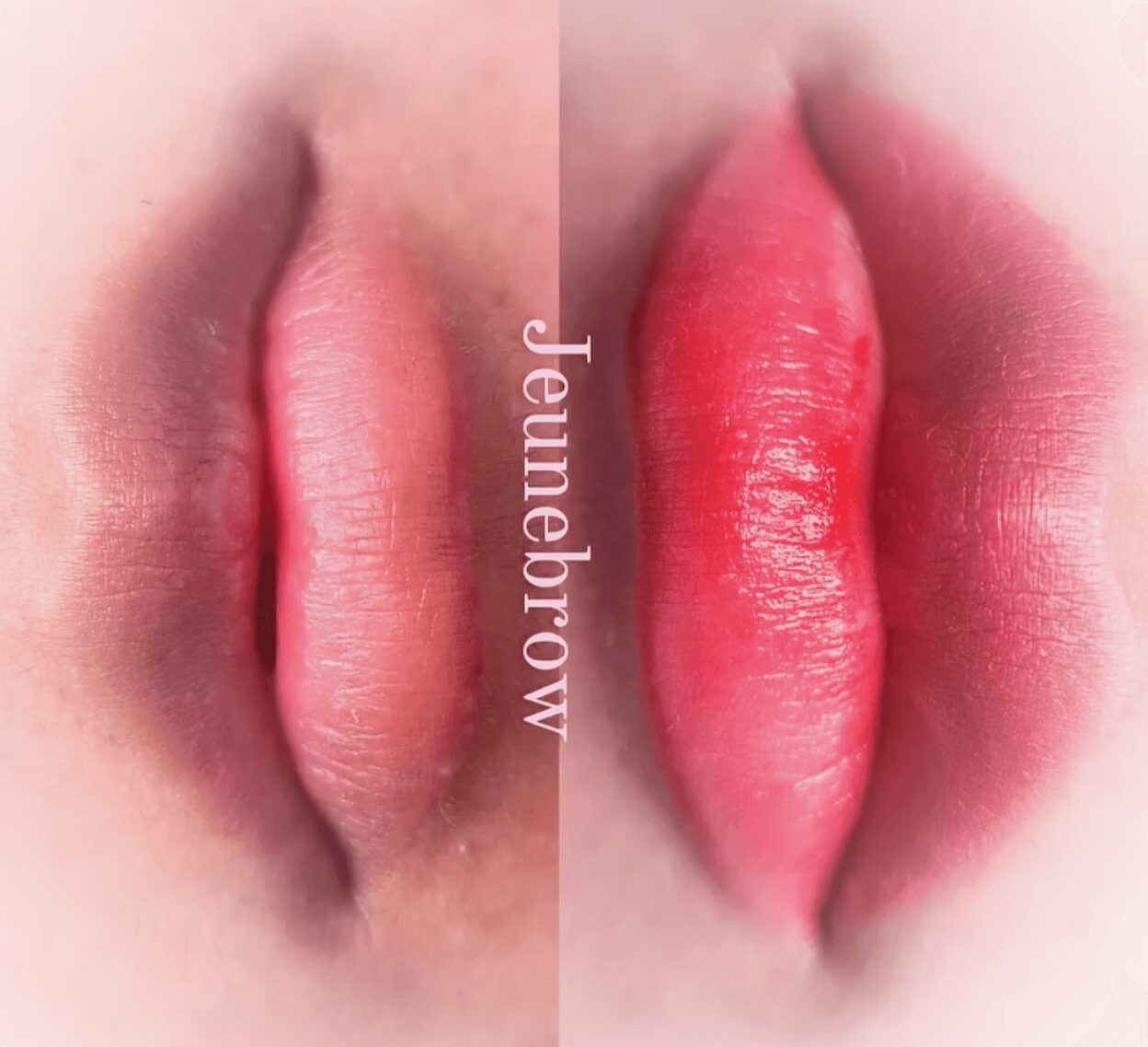 Close-up of lips with pink lipstick, showing slight differences in shape and color, with the word 'Jewelbrow' vertically in the center.