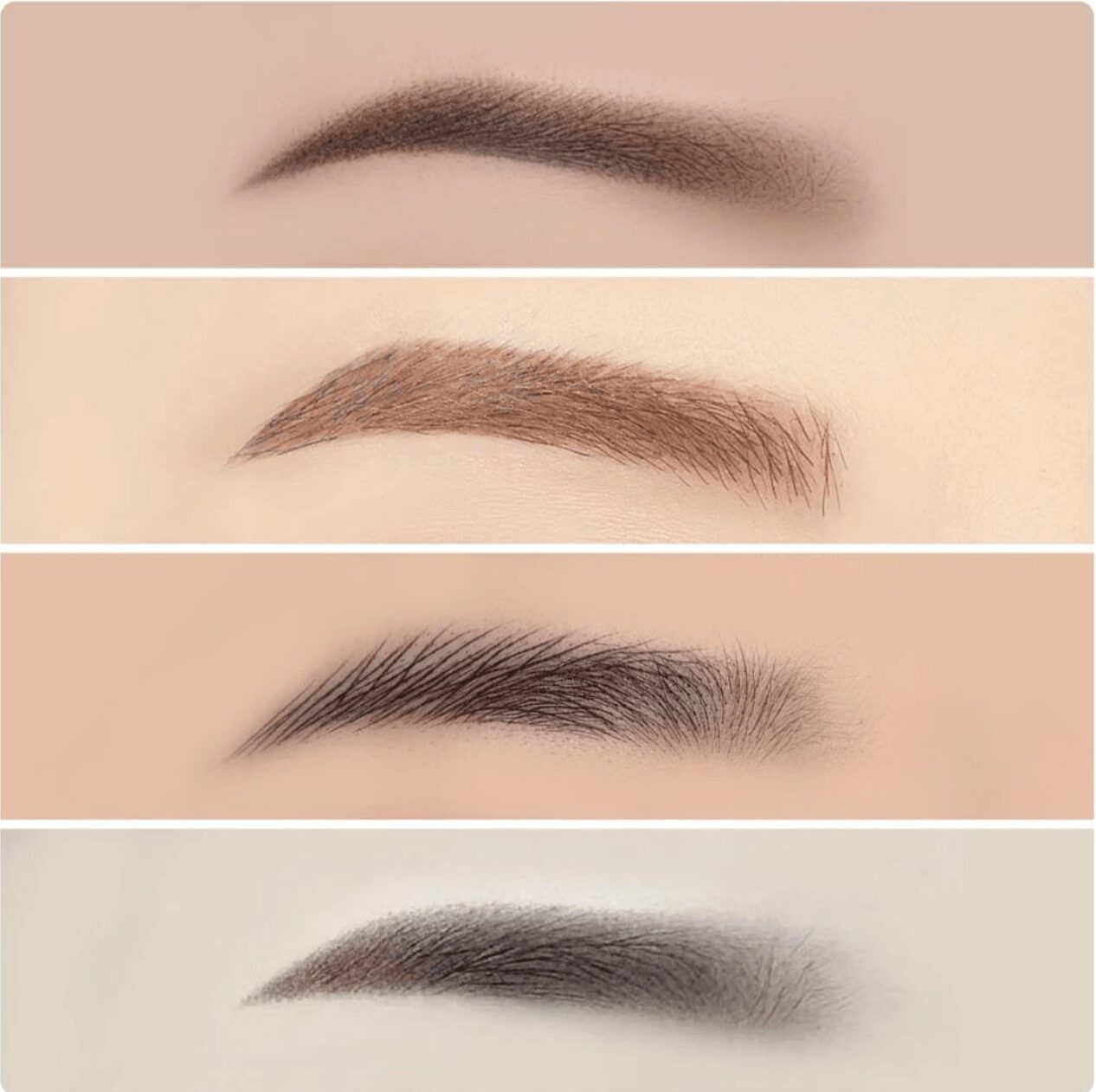 Four close-up images of eyebrows and eyelashes, showing different styles and colors, on light backgrounds.