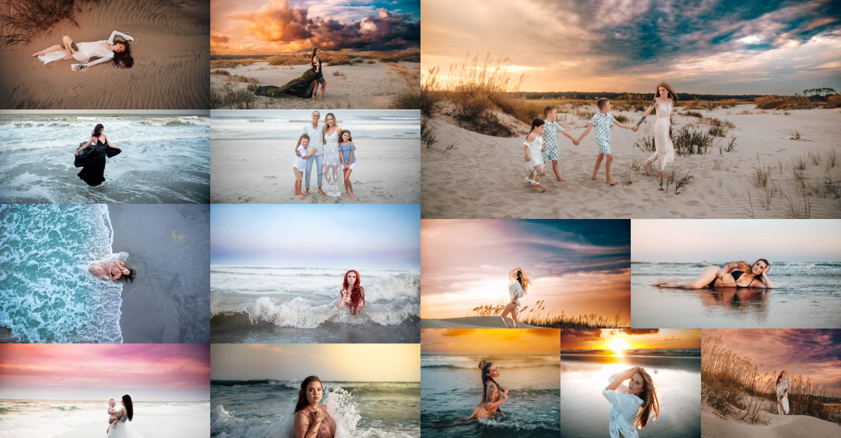 Collage of beach scenes with people relaxing, playing, and enjoying sunset views on the sand and water.