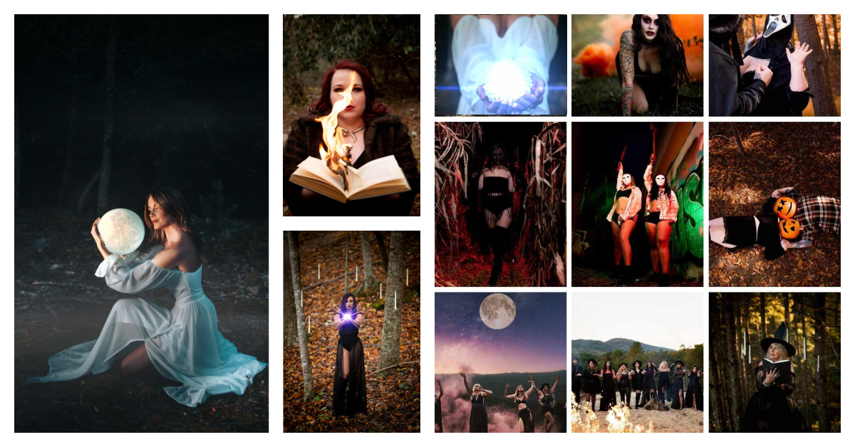 Collage of various images including a woman in a dress, a person reading, a person holding a lantern, and outdoor scenes.