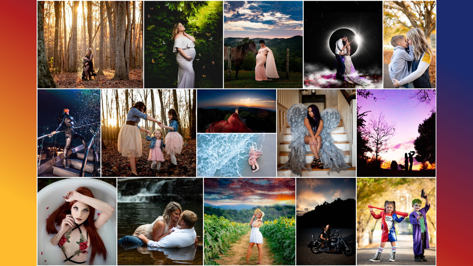 Collection of various outdoor and indoor scenes with people, including nature, children, and activities.