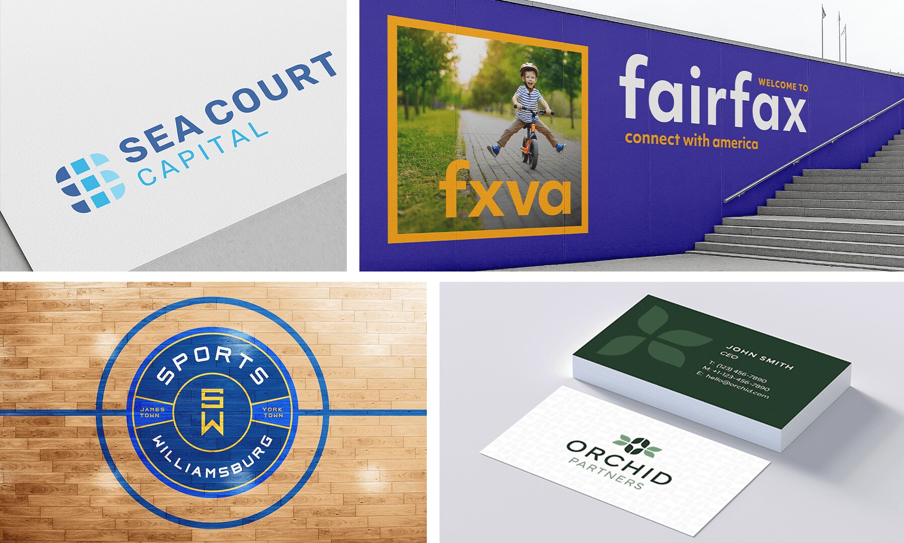 Three images of logos and signs for Sea Court Capital, Fairfax, Sports World Williamsburg, and Orchid.