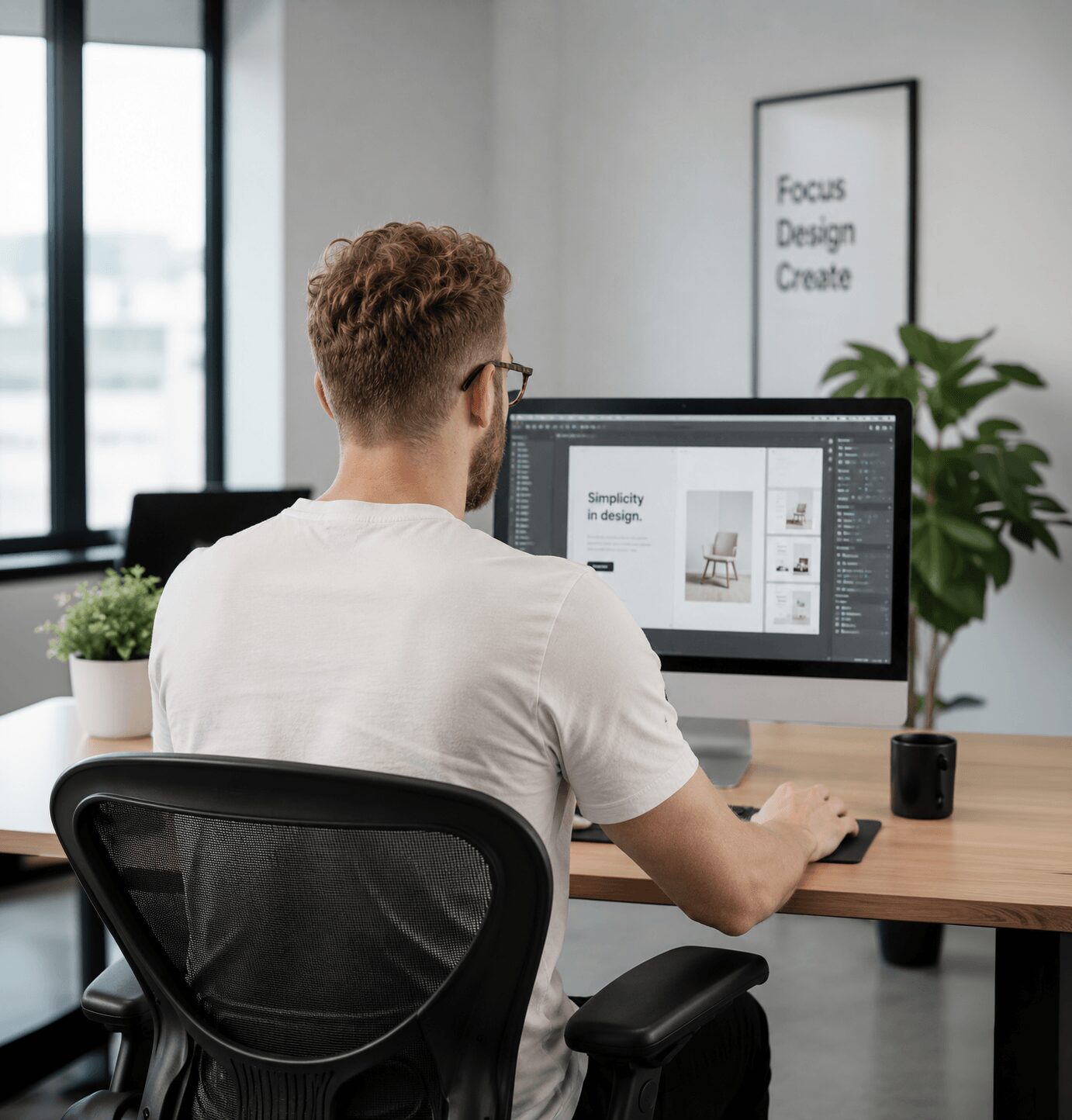 Person working on a computer at a desk in a modern office, with a plant and a framed poster on the wall.