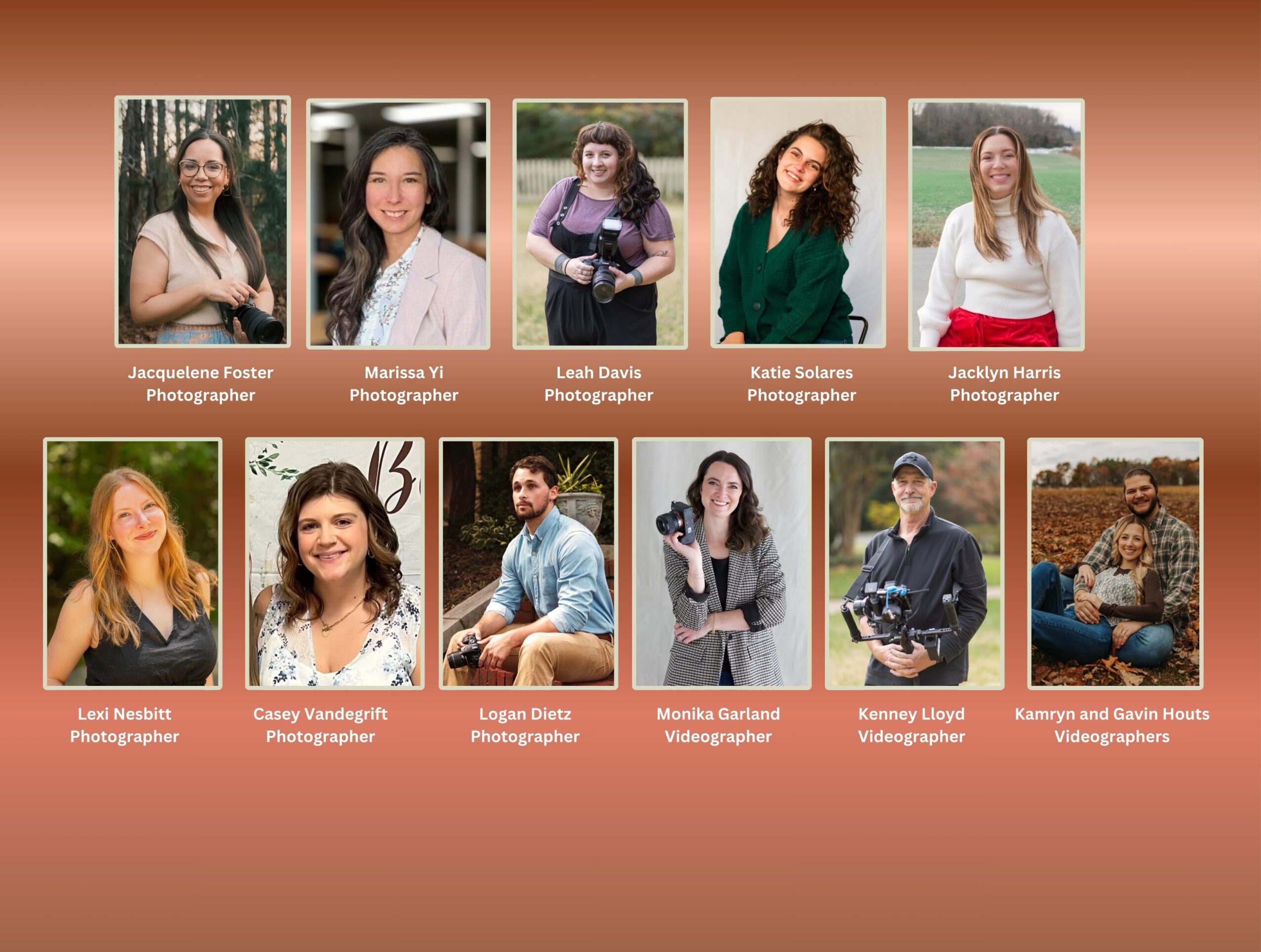 Group of ten people, some standing outdoors, smiling, with a brown background.