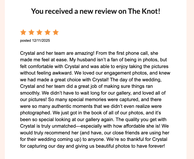 Screenshot of a five-star review about photography, mentioning a couple named Crystal and her team, with a date of 12/11/2025.