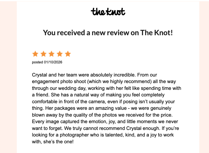 Review notification with five-star rating, review date, and text about a positive experience with The Knot.