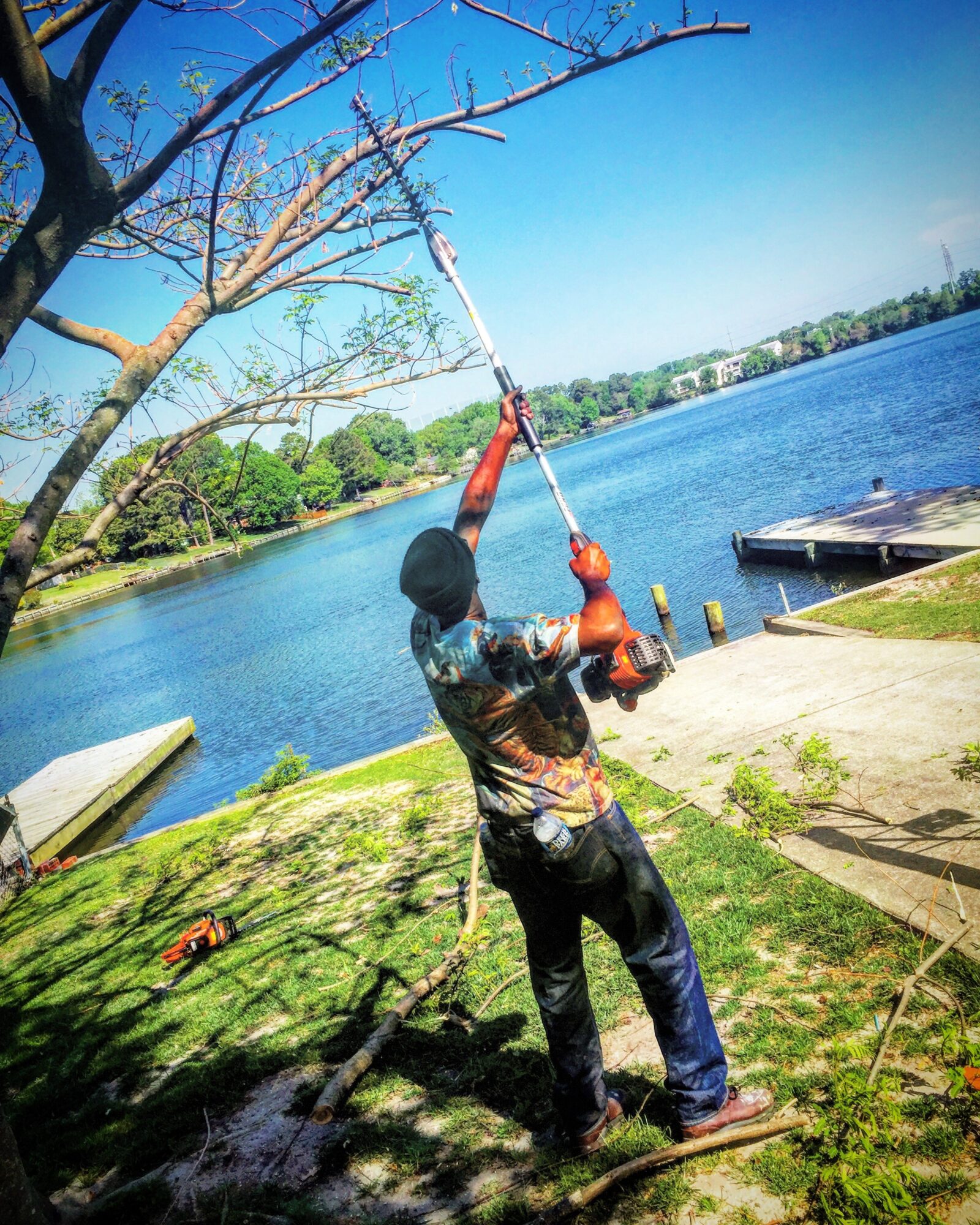 Person using a long pole to reach a tree by a lake, with boats and a dock nearby, under a clear sky.