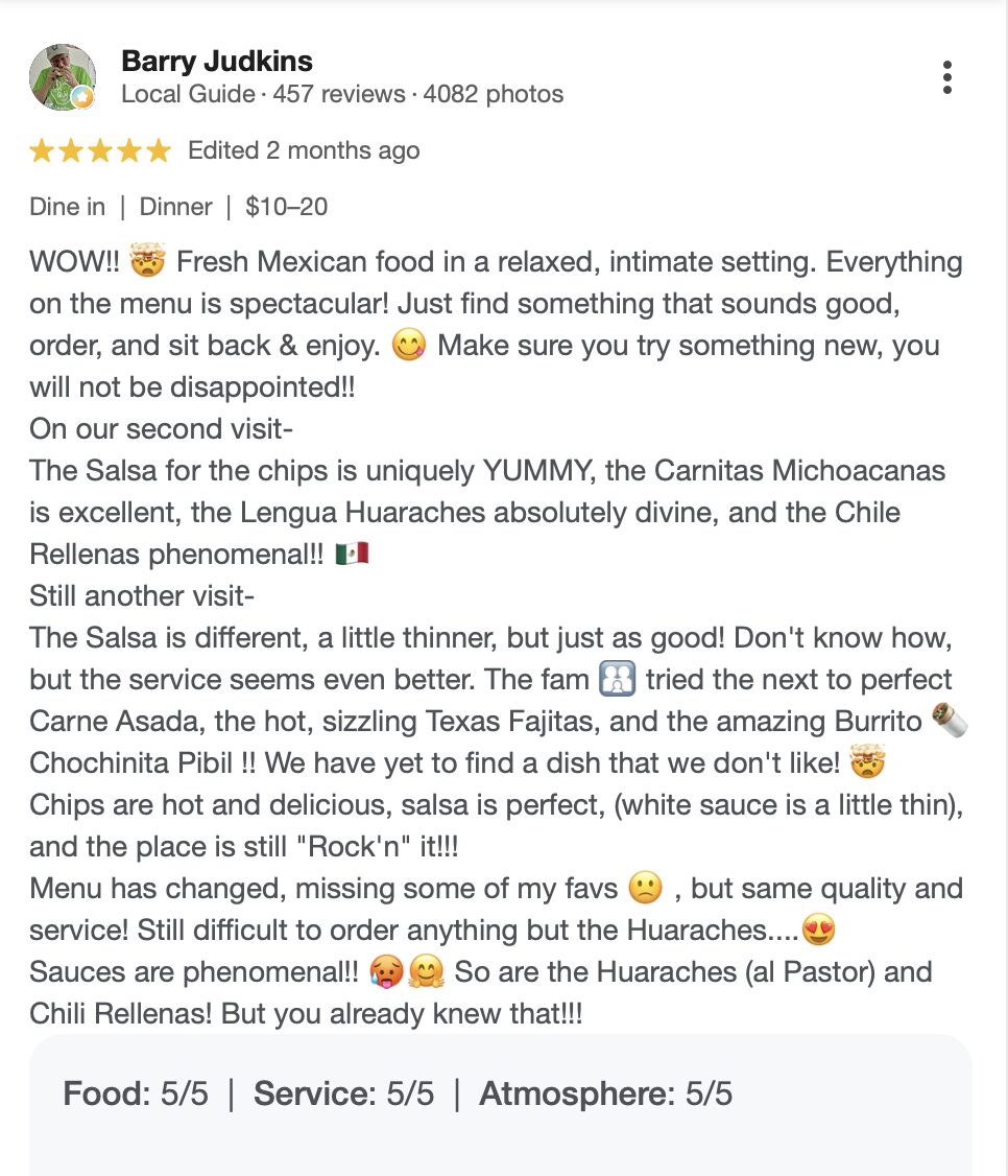 Screenshot of a restaurant review praising Mexican food, atmosphere, and service, with emojis and a five-star rating.